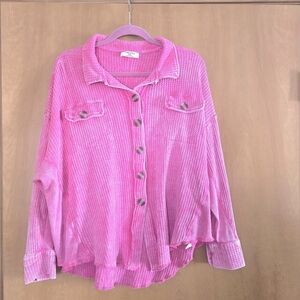 Zenana Pink Waffle Button Up Knit Top Size L/XL
